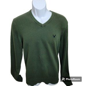 American Eagle Sweater, Men M, Green Knit, Logo, Ribbed Hem & Cuff, Cotton, EUC
